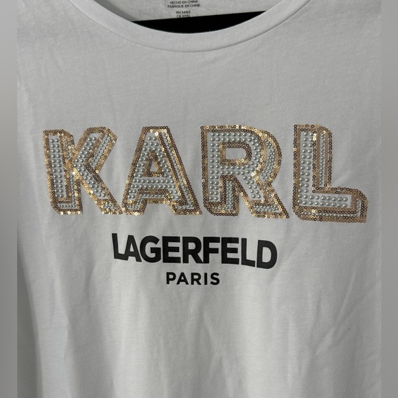 Karl Lagerfeld White T-Shirt with Gold Sequined Logo - Picture 6 of 10
